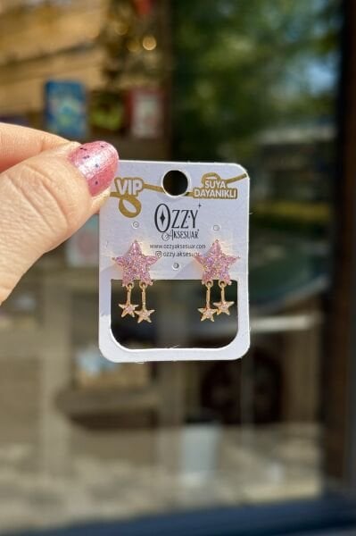 VIP Sallantılı Zirkon Taş İşleme Yıldız Küpe Pembe 14K