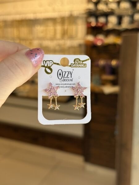VIP Sallantılı Zirkon Taş İşleme Yıldız Küpe Pembe 14K