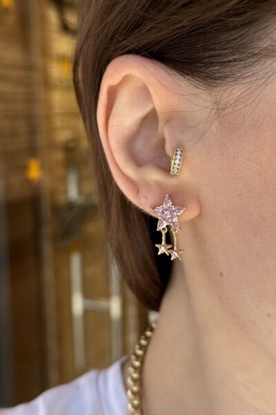 VIP Sallantılı Zirkon Taş İşleme Yıldız Küpe Pembe 14K