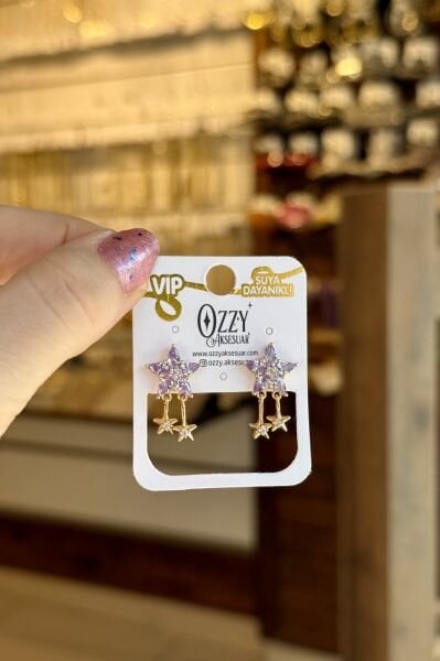 VIP Sallantılı Zirkon Taş İşleme Yıldız Küpe Lila 14K