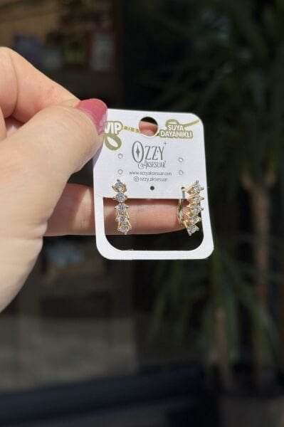 VIP Sıra 5 Taşlı Oval Halka Küpe 14K