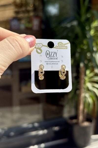 VIP 3 Sıra Gömme Taşlı Halka Model Oval Halka Küpe 14K