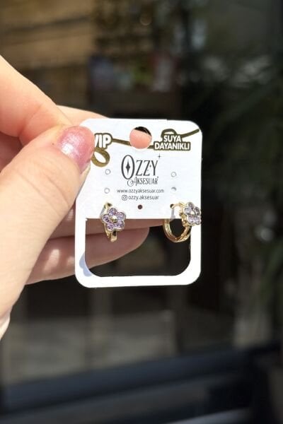 VIP Lila Zirkon Taşlı Çiçek Halka Küpe 14K