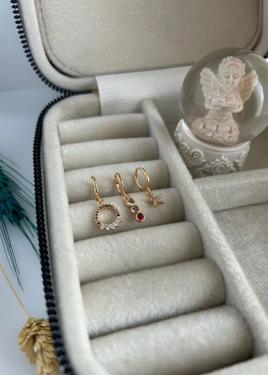 Renkli Taşlı Taç Detay 3'lü Set Küpe