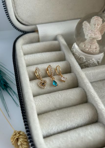 Mavi Damla Taş ve Göz Detay 3' lü Set Küpe