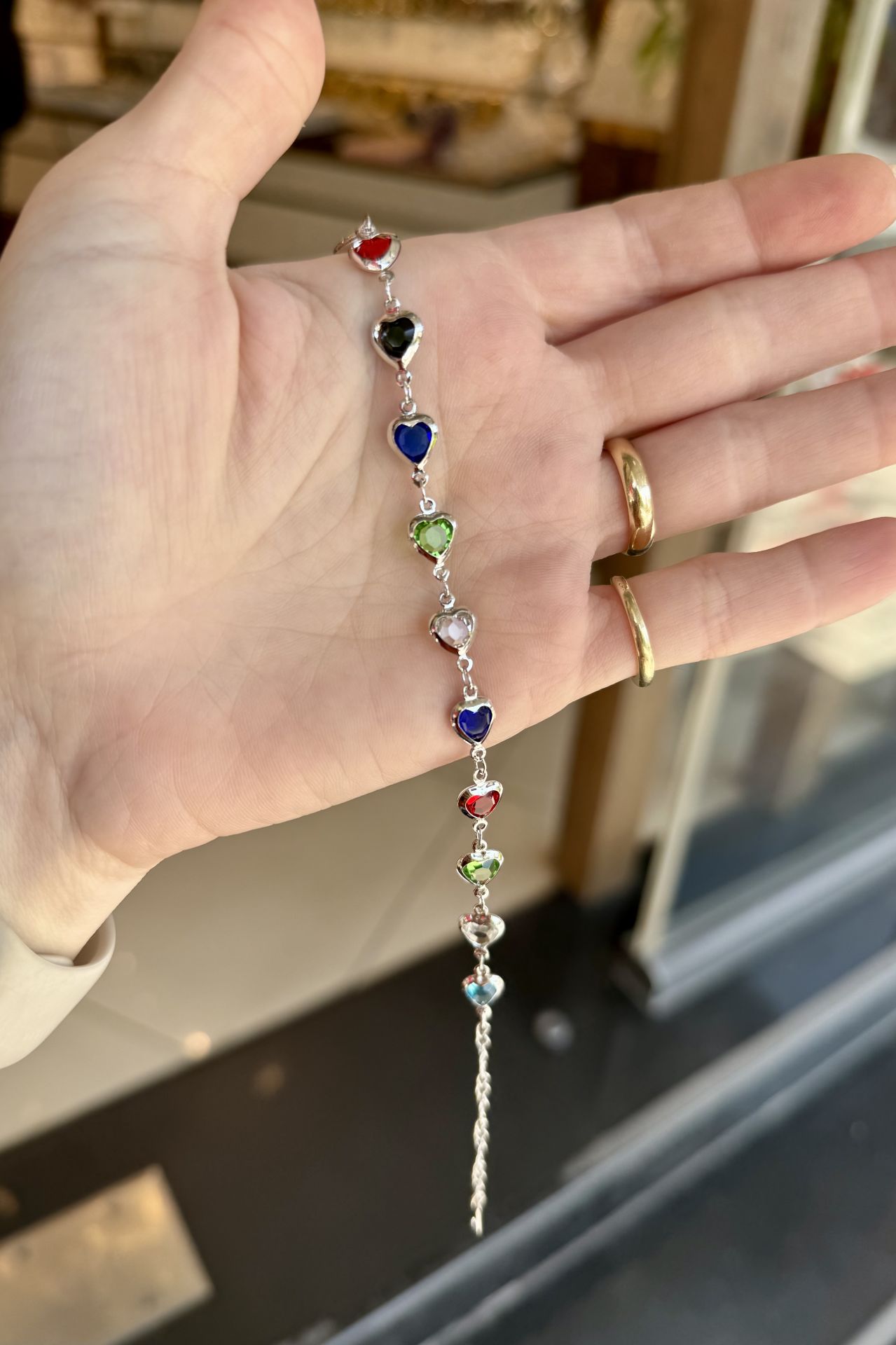 Renkli Sıra Taşlı Çelik Bileklik Kalp Taş Gümüş Renk