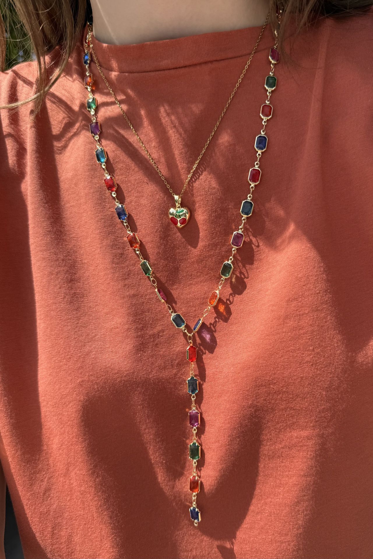 Sıra Renk Taşlı Uzun Çelik Y Kolye 60+5 cm Dikdörtgen Taş