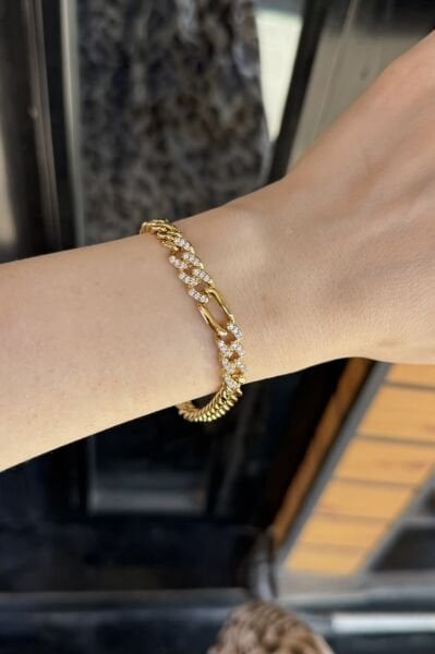 VIP Gömme Taş İşlemeli Oval Zincir Detay Bileklik 17 + 2 cm 14K