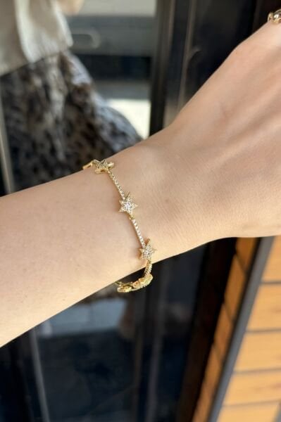 VIP Gömme Taşlı Sıra Yıldız Model Bileklik 17 +2 cm 14K