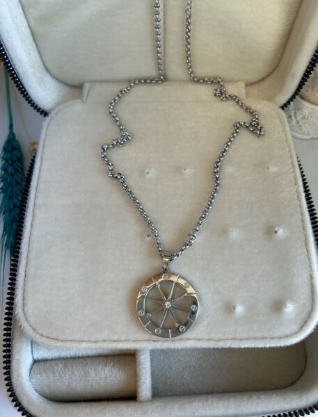 Çelik Marka Model Pusula Uzun Kolye 60 + 5 cm Gümüş Renk