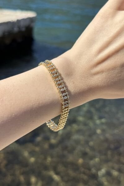 VIP Orta Sıraları Taş İşlemeli Baklava Bileklik 17 + 2 cm 14K
