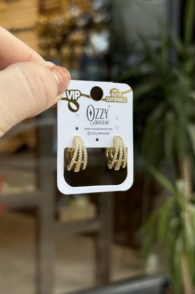 VIP 3 Sıra Taşlı Oval Halka Küpe 14K