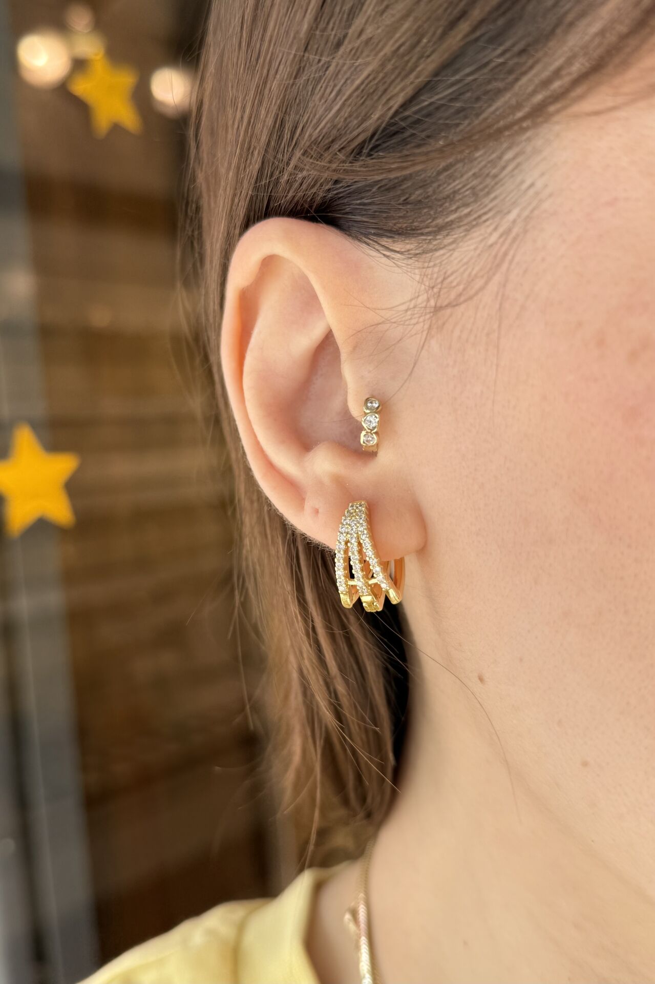 VIP 3 Sıra Taşlı Oval Halka Küpe 14K