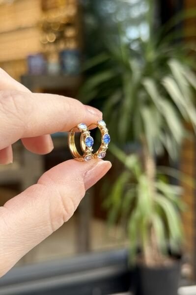 VIP 3 Renkli Taşlı Yıldız Detay Halka Küpe 14K