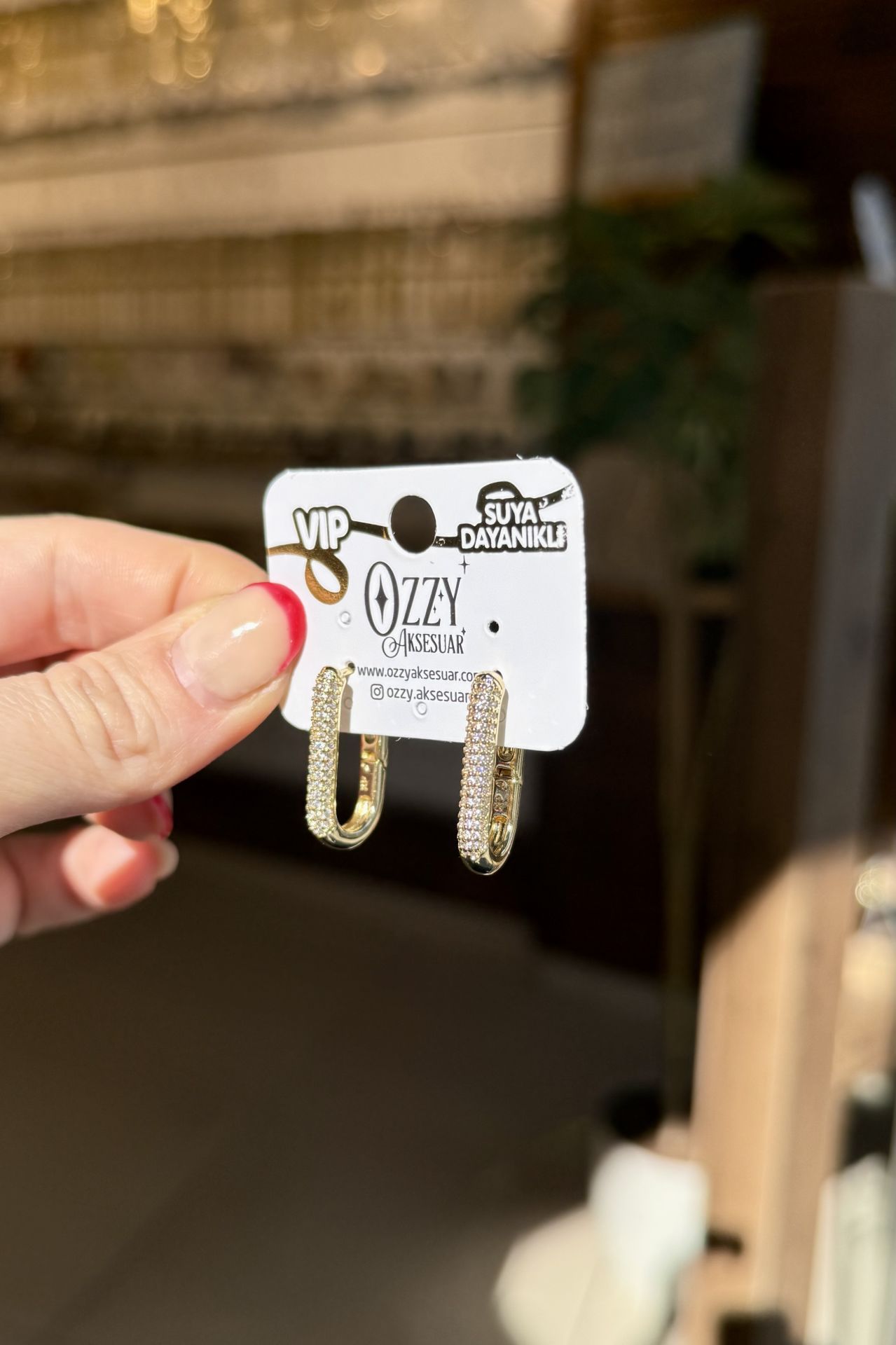 VIP Önü Gömme Taşlı Oval Halka Küpe 14K