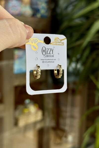 VIP Sıra Gömme Taşlı Zigzag Model Halka Küpe 14K