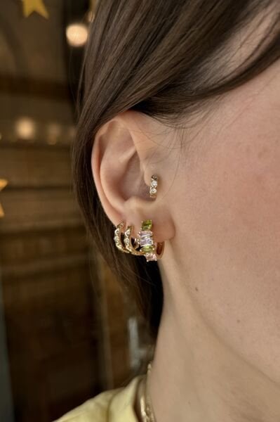 VIP Soft Renkli Sıra Zirkon Taşlı Halka Küpe 14K