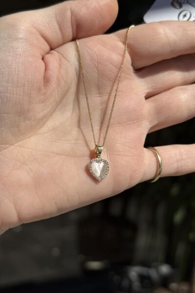 VIP Gömme Taş Çerçeveli Sedef Kalp Kolye 45 cm 14K