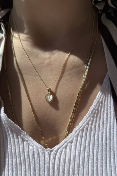 VIP Gömme Taş Çerçeveli Sedef Kalp Kolye 45 cm 14K