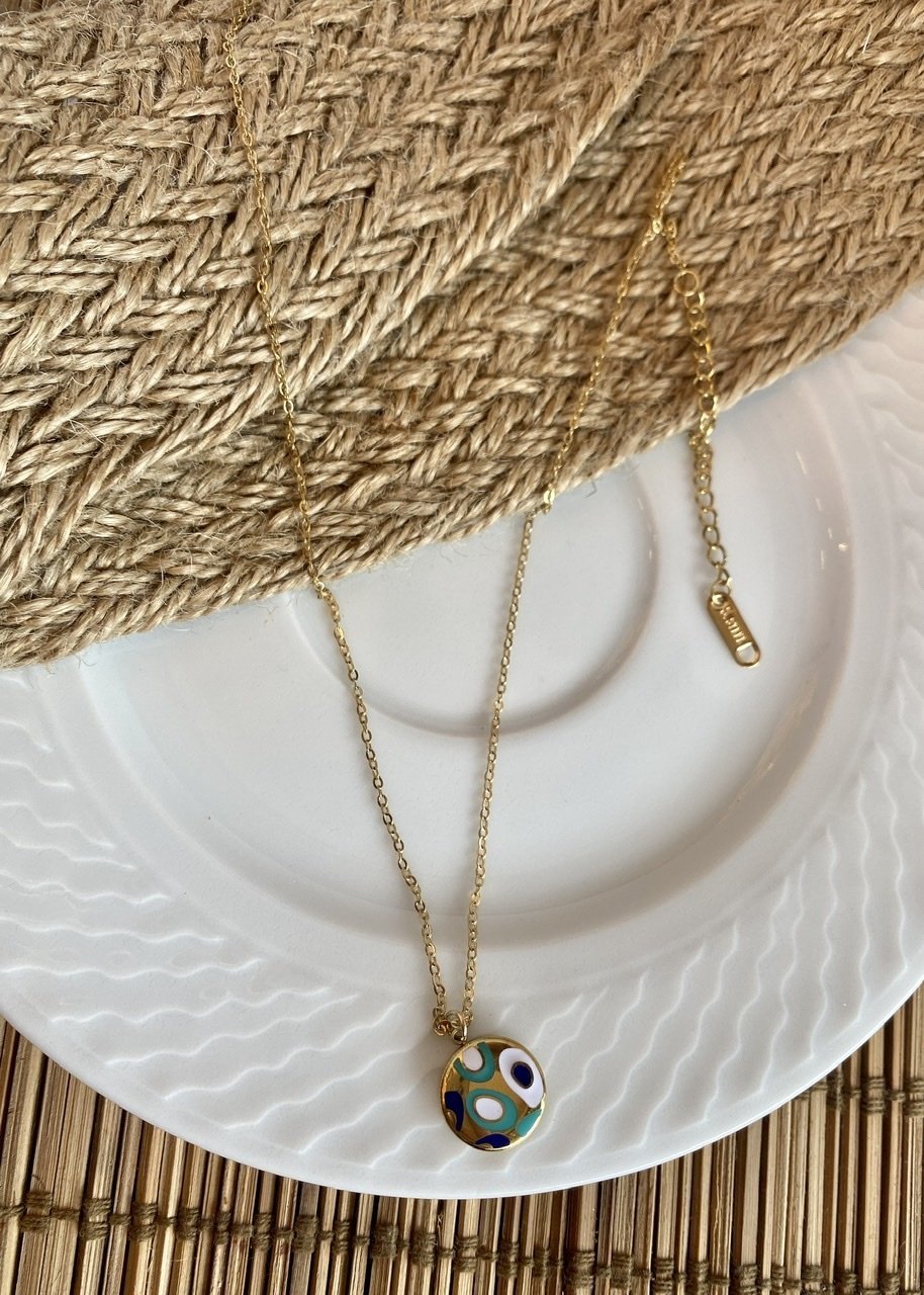 Çelik Mineli Nazar Boncuk Motifli Yuvarlak Uç Kolye