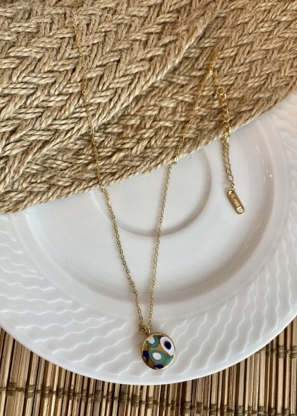 Çelik Mineli Nazar Boncuk Motifli Yuvarlak Uç Kolye