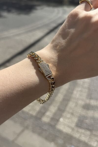 VIP Gömme Taş Tokalı Cuban Zincir Bileklik 20 cm 14K