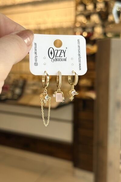 VIP Zincir Detaylı Yıldız Model 3'lü Set Küpe