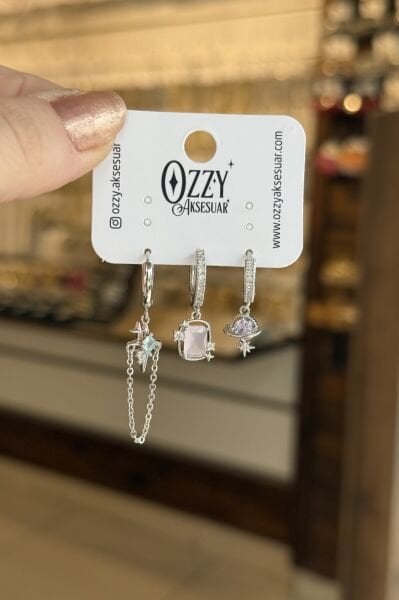 VIP Zincir Detaylı Yıldız Model 3'lü Set Küpe Gümüş Renk