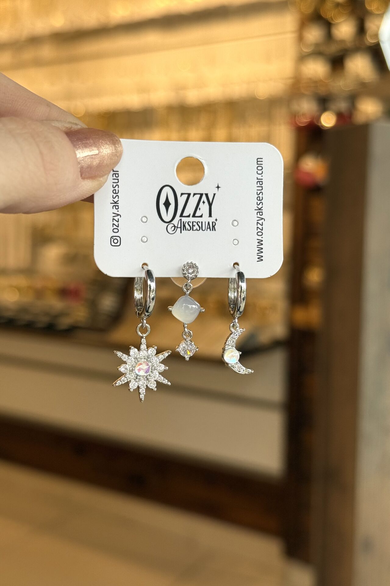 Sedefli Güneş Model 3'lü Set Küpe Gümüş Renk