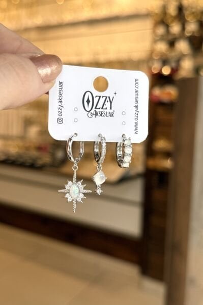 Opal Kuzey Yıldızı Model 3'lü Set Küpe Gümüş Renk