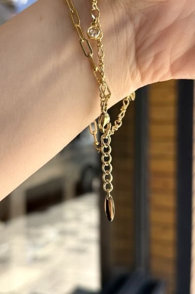 VIP Sıra Taş ve Top Sallantılı Çift Zincir Bileklik 18 + 3 cm 14K