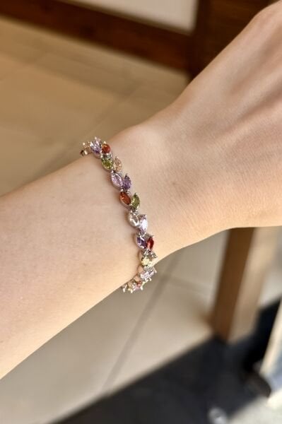 Renkli Yaprak Zirkon Taşlı Bileklik Gümüş Renk