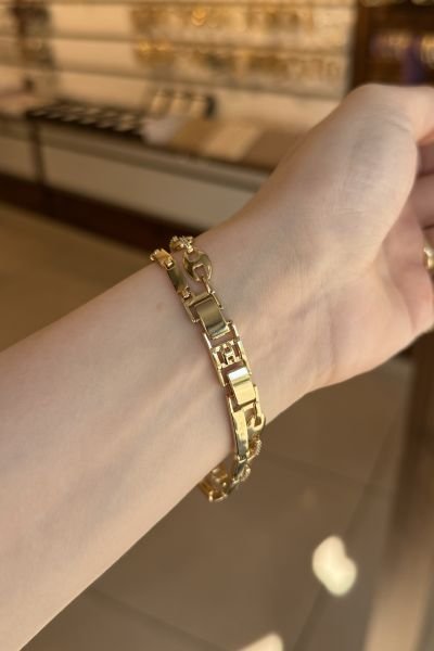 VIP Taş Detaylı Düğme Model Çift Sıralı Bileklik 17 + 2 cm 14K