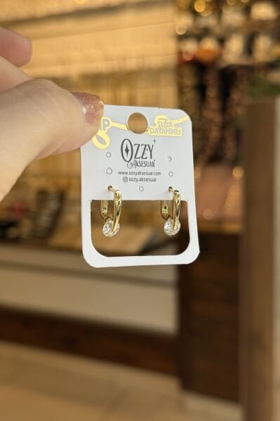 VIP Döner Kristal Zirkon Taşlı Oval Halka Küpe 14K