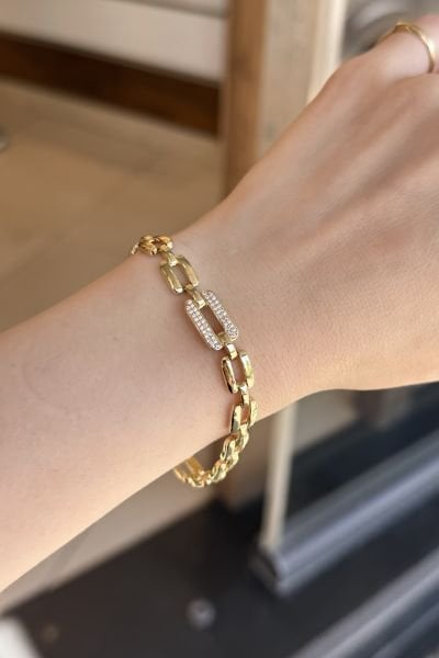 VIP Orta Halkası Gömme Taşlı Oval Zincir Bileklik 17 + 2 cm