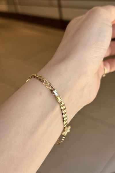 VIP Gömme Taşlı 4 Çiçekli Yassı Zincir Bileklik 18 cm 14K