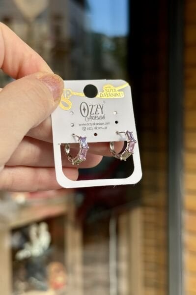 VIP 3 Soft Renk Baget Taşlı Halka Küpe Gümüş Renk