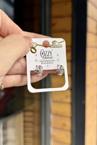 VIP 3 Sıra Taşlı Kemerli Halka Küpe Gümüş Renk