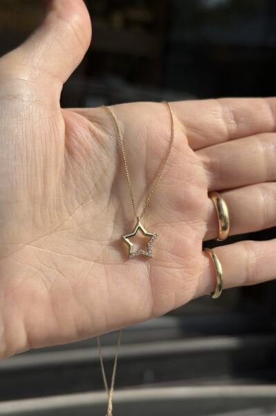 VIP Kenarı Taş İşlemeli Yıldız Kolye 45 cm 14K