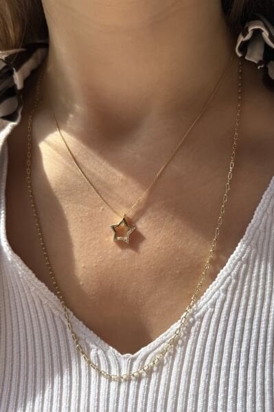 VIP Kenarı Taş İşlemeli Yıldız Kolye 45 cm 14K