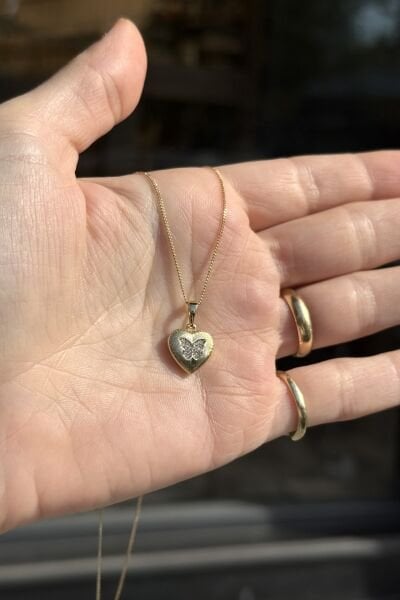 VIP Gömme Taşlı Kelebek İşlemeli Kalp Kolye 45 cm 14K