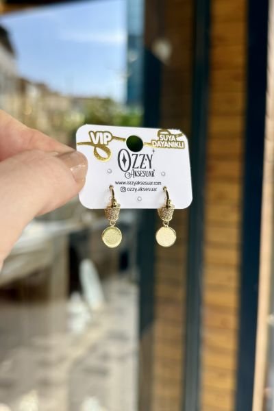 VIP Gömme Taş Kemer Detay Pullu Halka Küpe 14K