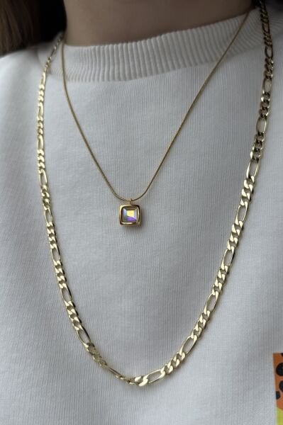 Kare Opal Taş Uçlu Çelik Kolye 45 cm