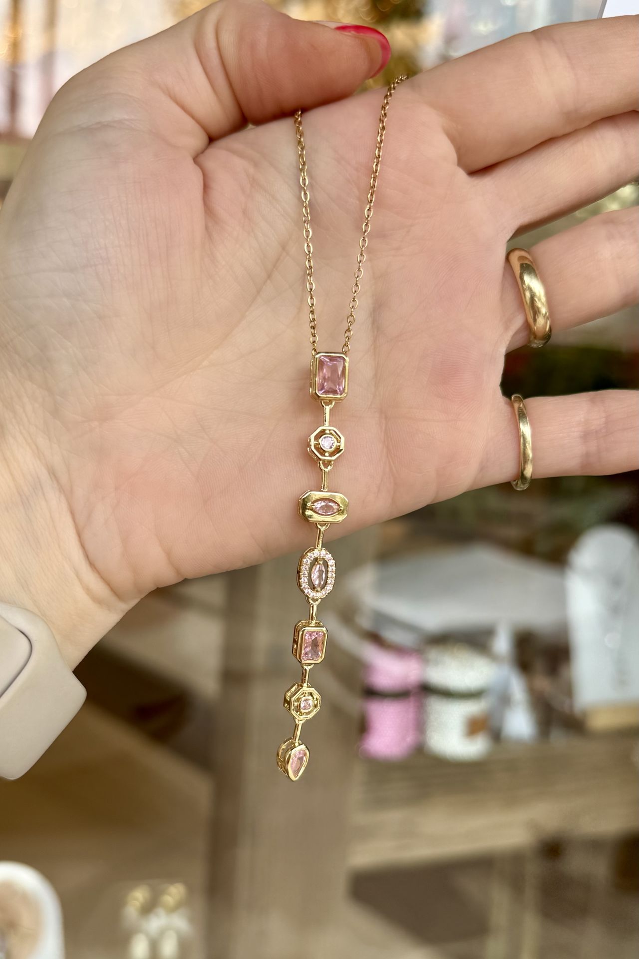 Pembe Zirkon Taşlı Çelik Y Kolye 45 cm