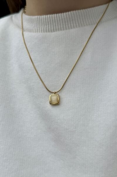 Sedefli Kare Taşlı Çelik Kolye 45 cm