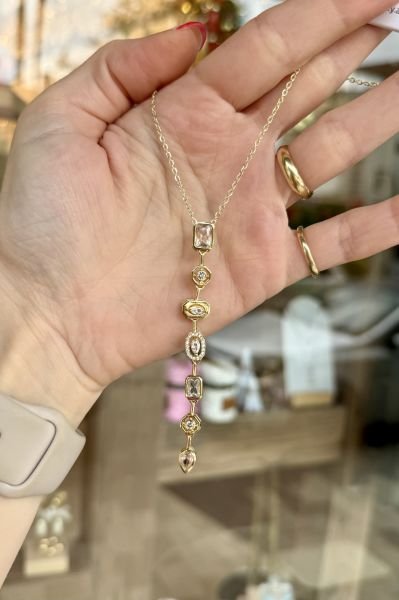 Beyaz Zirkon Taşlı Çelik Y Kolye 45 cm