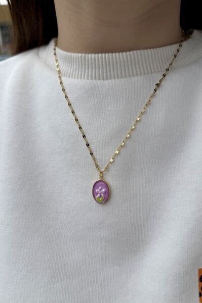 Lila Çiçekli Çelik Kolye 45 cm