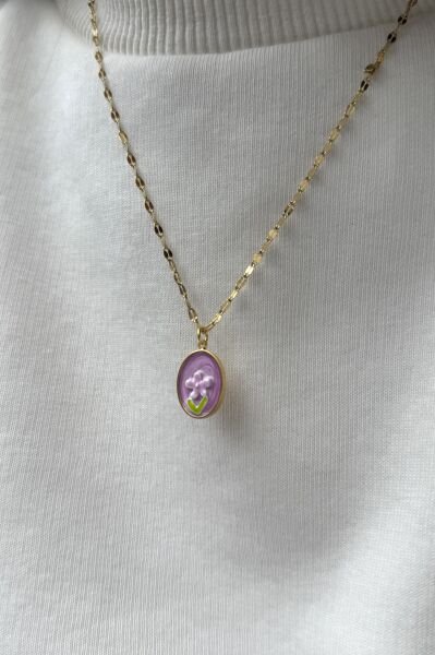 Lila Çiçekli Çelik Kolye 45 cm