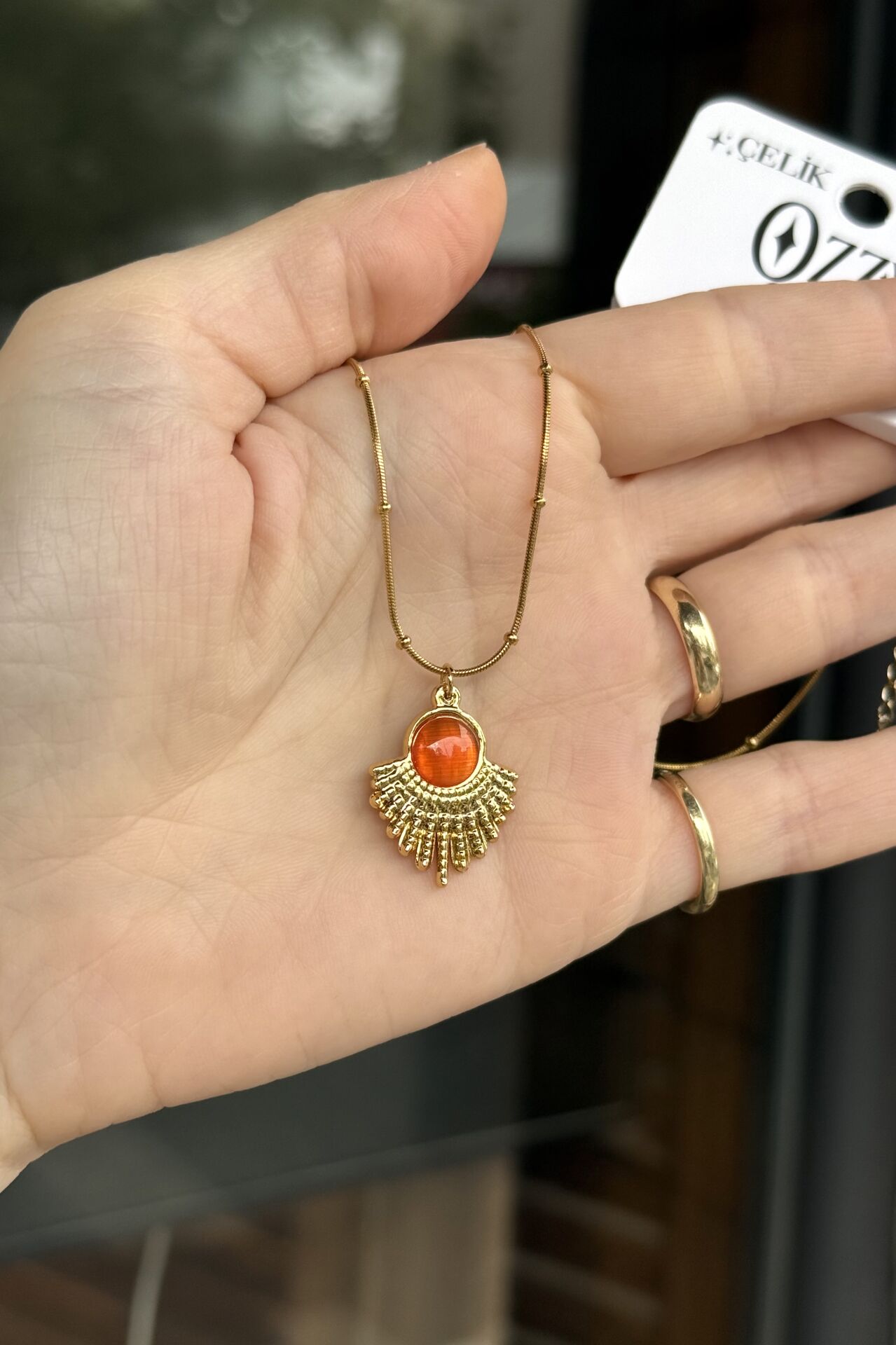 Turuncu Sedefli Taş Detay Vintage Çelik Kolye 45 cm