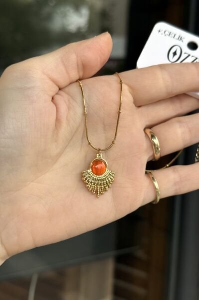 Turuncu Sedefli Taş Detay Vintage Çelik Kolye 45 cm